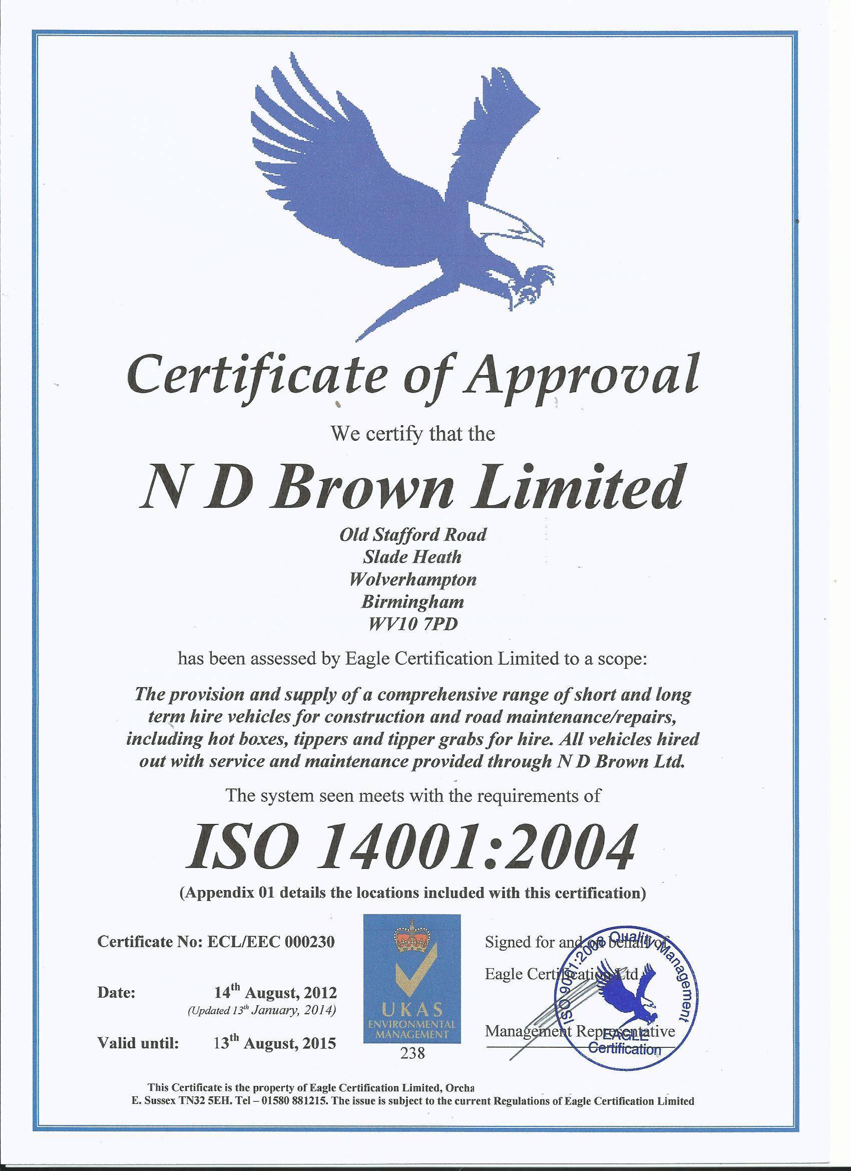 ISO 14001:2001 Accreditation Certificate for ND Brown